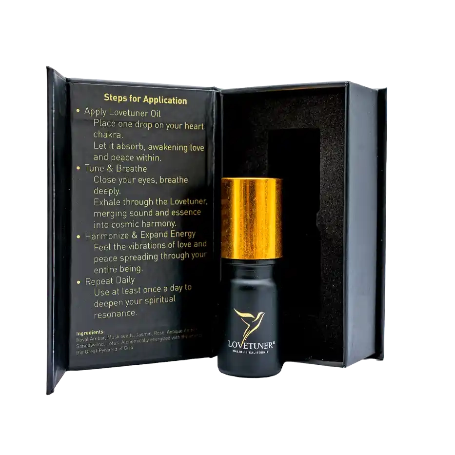 Lovetuner oil bottle with application instructions in a black box on a white background