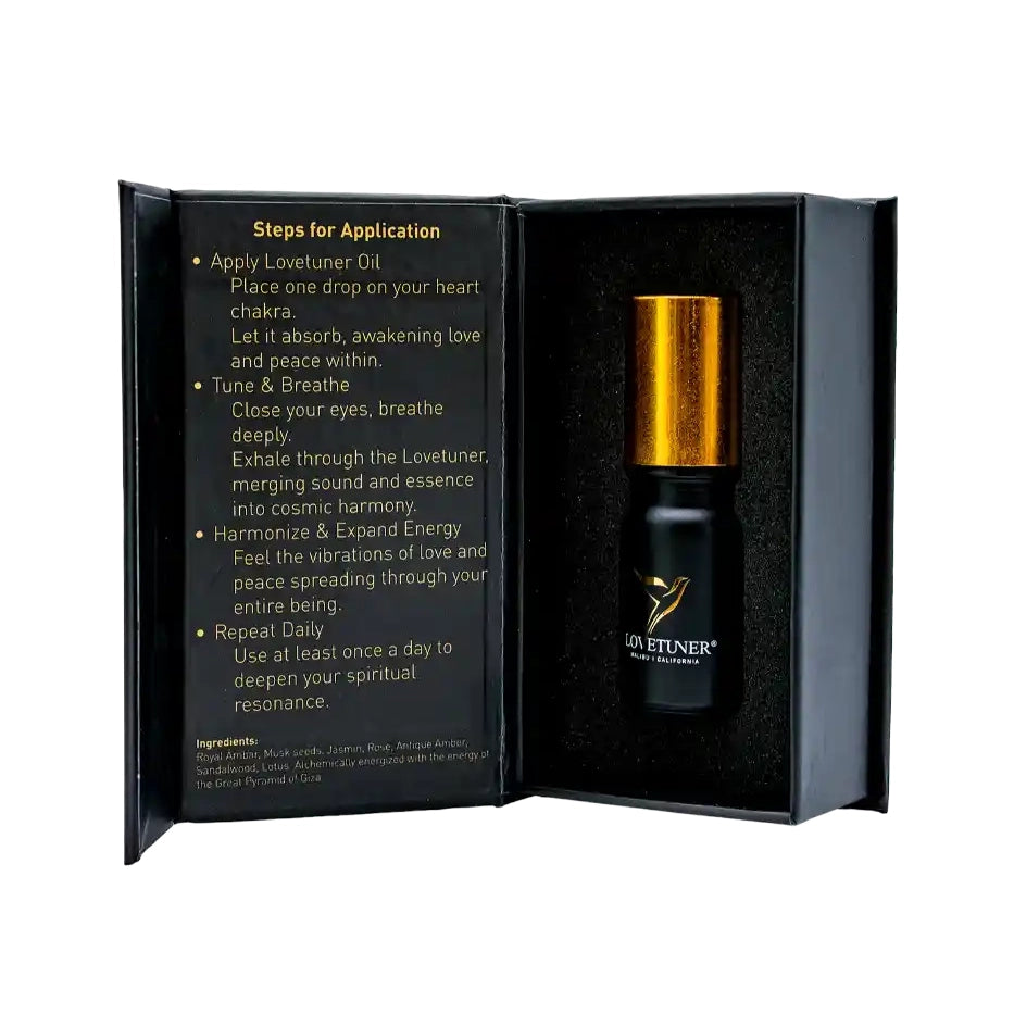 Black and gold bottle of Lovetuner oil with application instructions on a white background