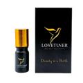 Lovetuner perfume bottle with gold cap and packaging on a white background