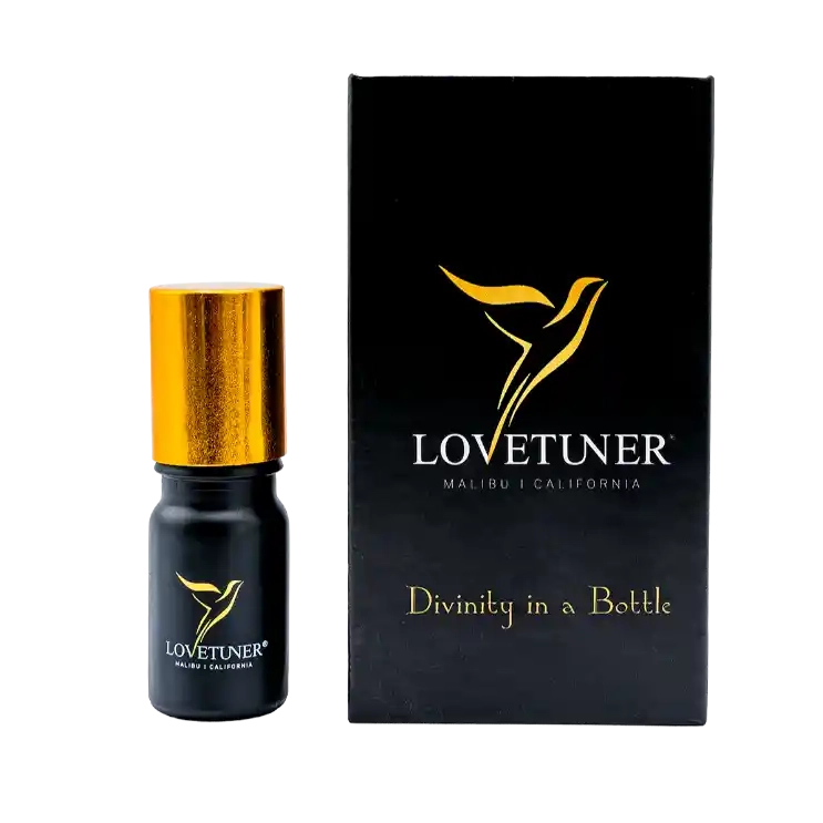 Lovetuner perfume bottle with gold cap and packaging on a white background