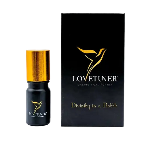 Lovetuner perfume bottle with gold cap and packaging on a white background