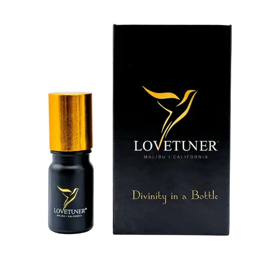 Lovetuner perfume bottle with gold cap and packaging on a white background