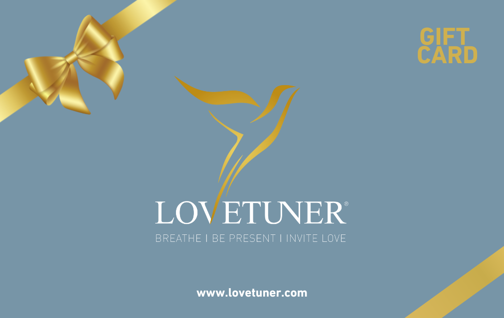 Gift card with Lovetuner logo and gold bow on a blue background