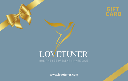 Gift card with Lovetuner logo and gold bow on a blue background