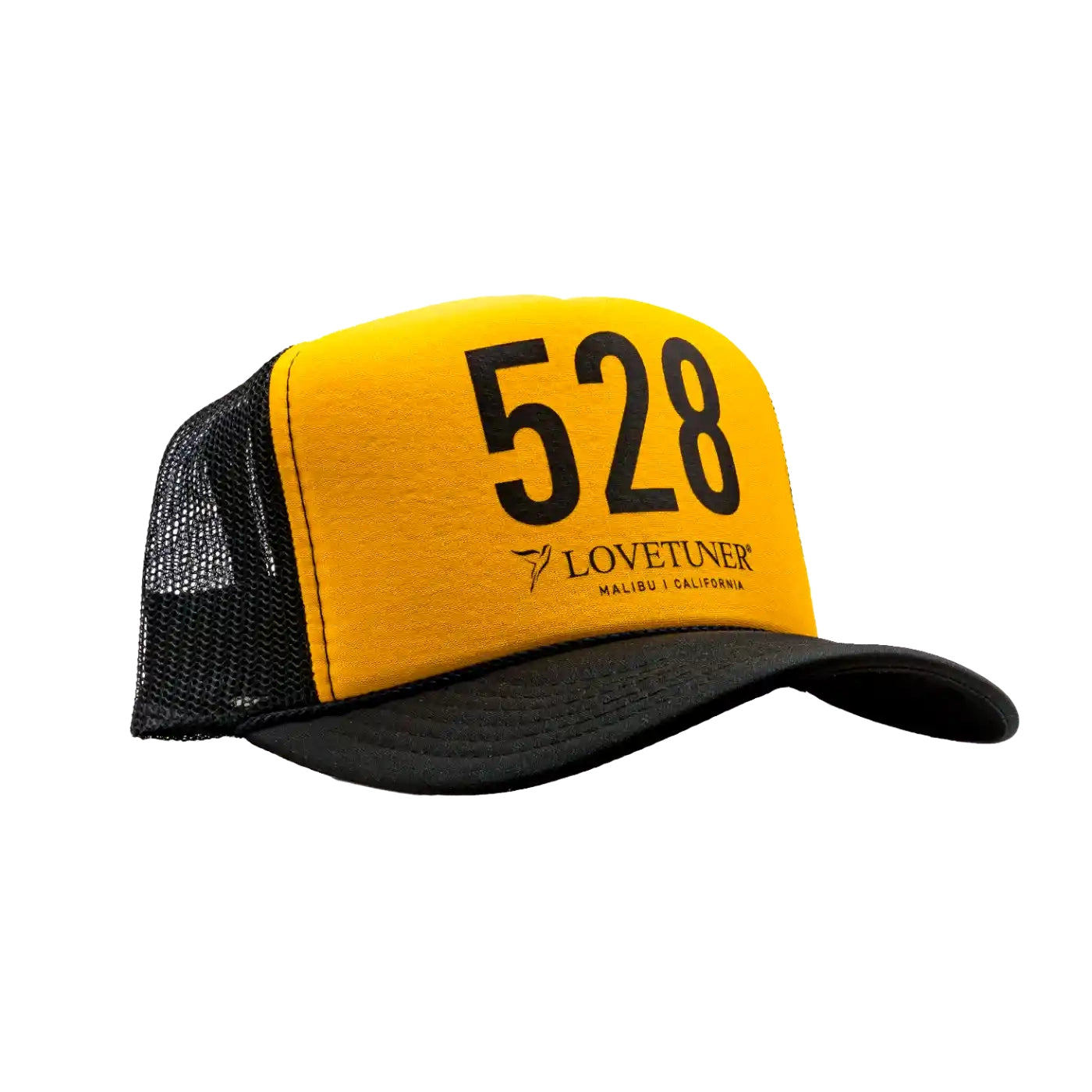 Yellow and black cap with '528' and 'Lovetuner' branding on a white background