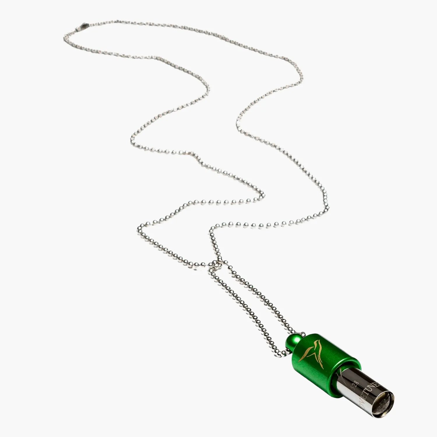 Necklace with a green cylindrical pendant Lovetuner whistle with a ball chain necklace on a white background