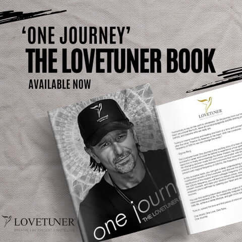 Book cover of 'One Journey: The Lovetuner Book' featuring a man's face with a cap and glasses, overlaid on a geometric pattern background, with the book's title and author's name, Sigmar Berg.