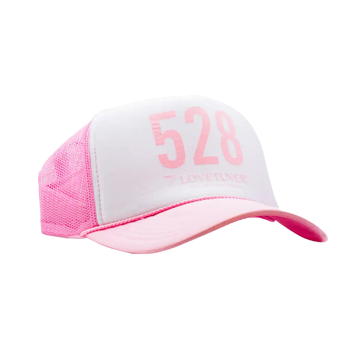 Pink and white cap with '528' printed on a white background