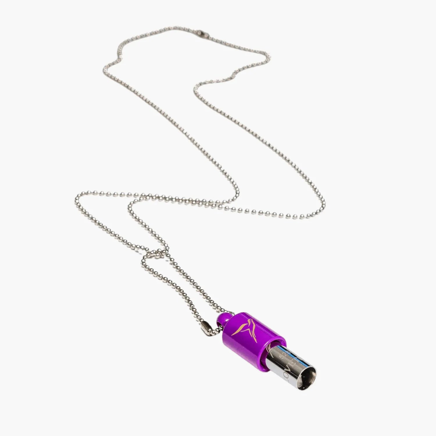 Purple and silver cylindrical Lovetuner whistle on a chain against a white background