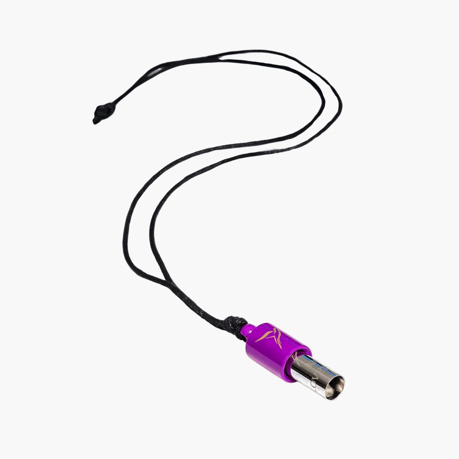 Black waxed cotton cord with a purple Lovetuner whistle on a white background