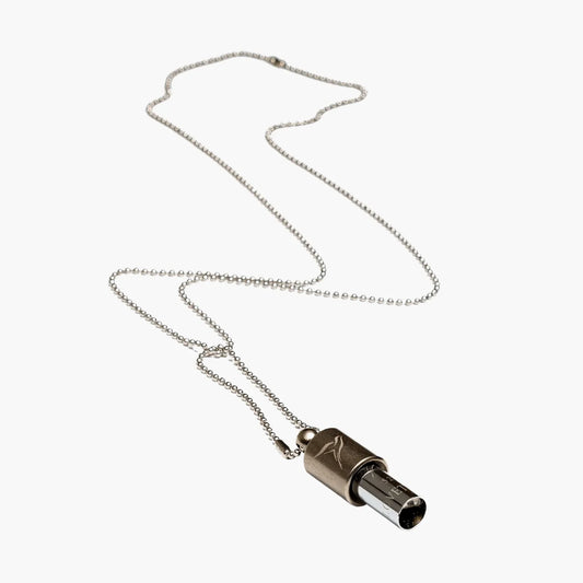 Necklace with a silver cylindrical pendant Lovetuner whistle with a ball chain necklace on a white background