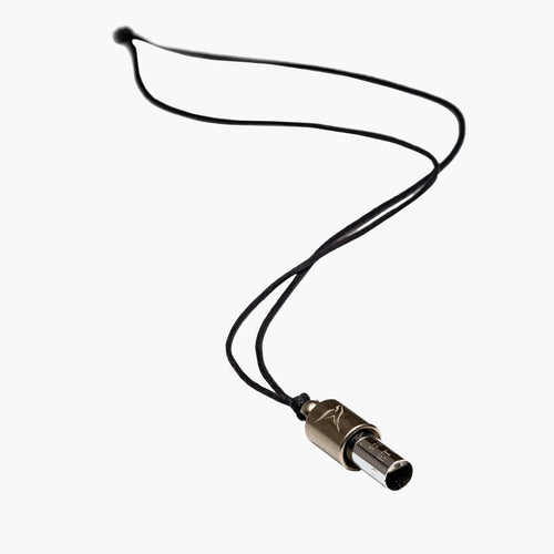 Necklace with a silver cylindrical pendant Lovetuner whistle with a waxed cotton necklace on a white background