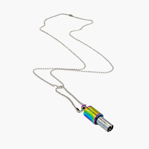Necklace with a colorful cylindrical pendant Lovetuner whistle with a ball chain necklace on a white background