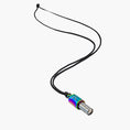 Carica l'immagine nel visualizzatore della galleria, Colorful metal pendant Lovetuner whistle on a black cord against a white background
