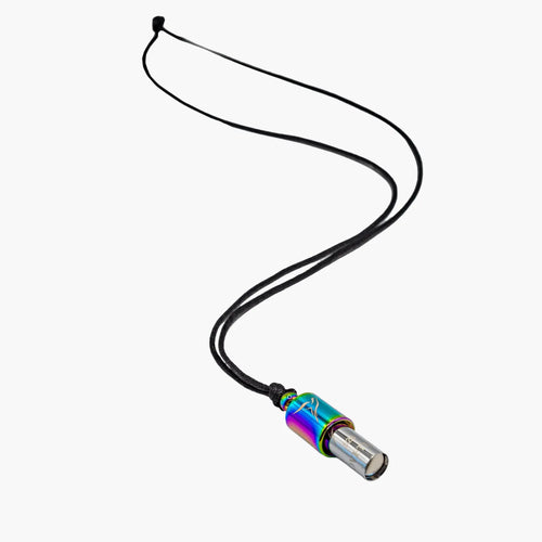 Colorful metal pendant Lovetuner whistle on a black cord against a white background
