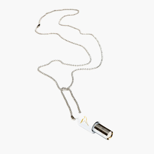 Necklace with a white cylindrical Lovetuner with a ball chain necklace on a white background