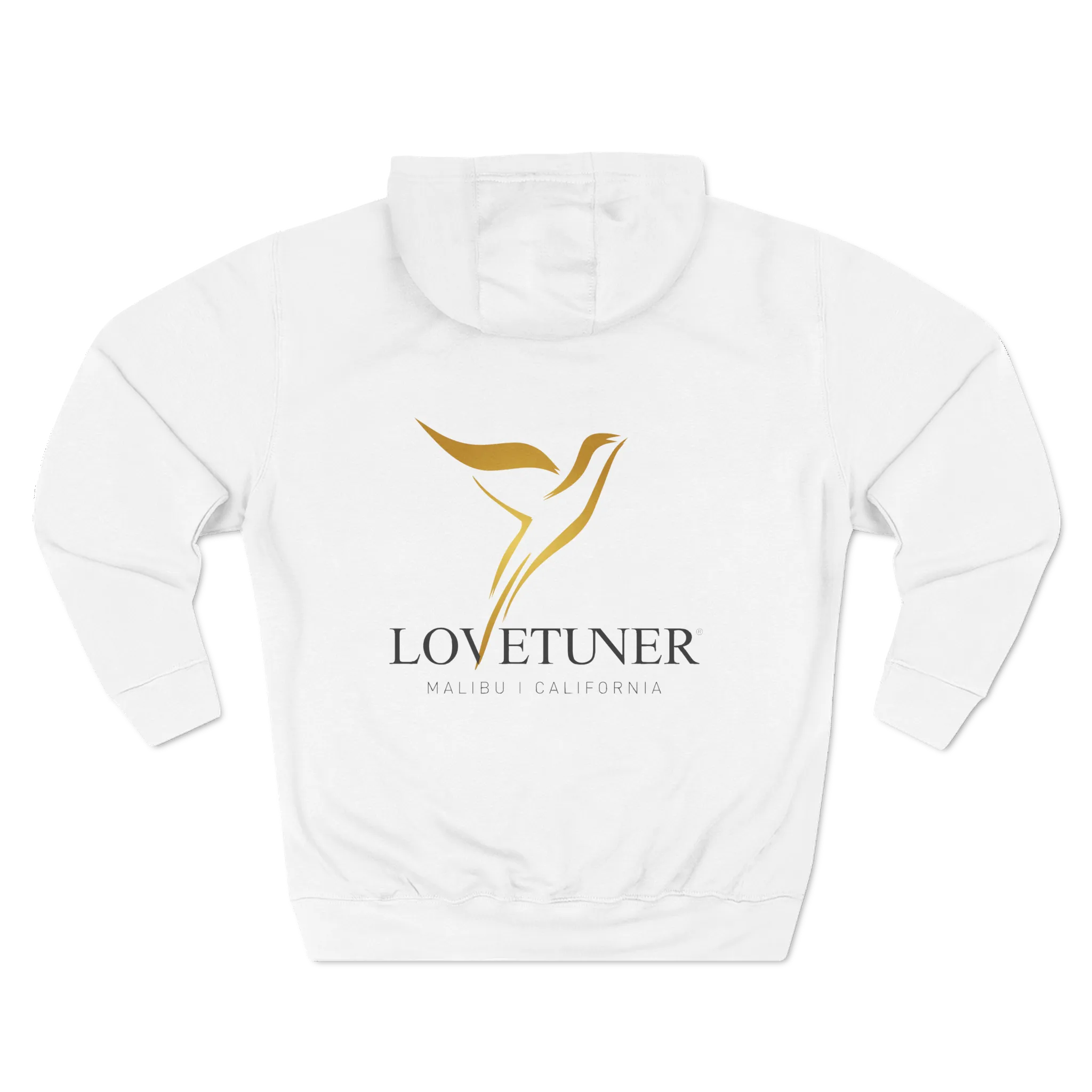 Product photo of the back of a Lovetuner hoodie with the Lovetuner bird logo and the words Malibu California beneath