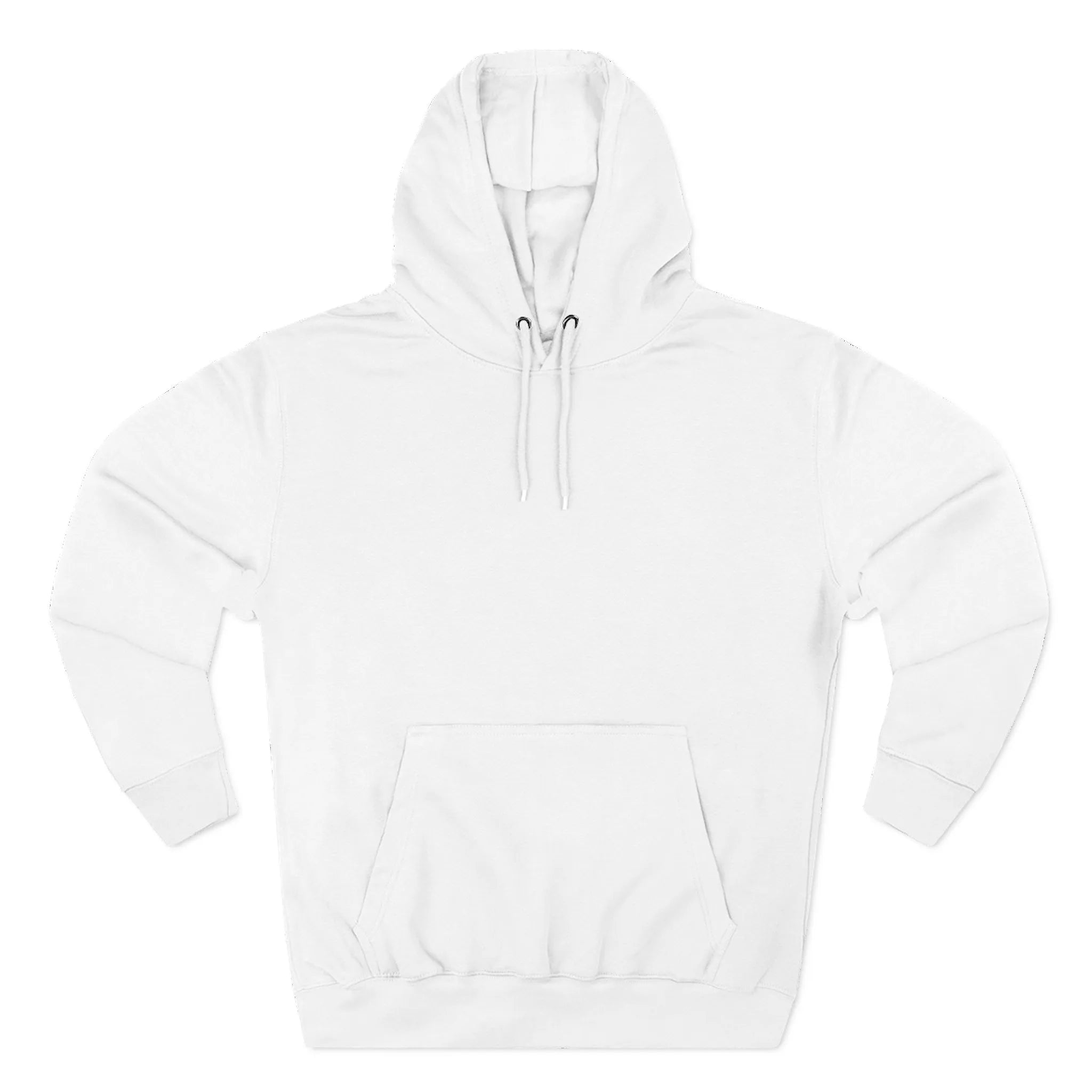 Product photo of the front of a white hoodie