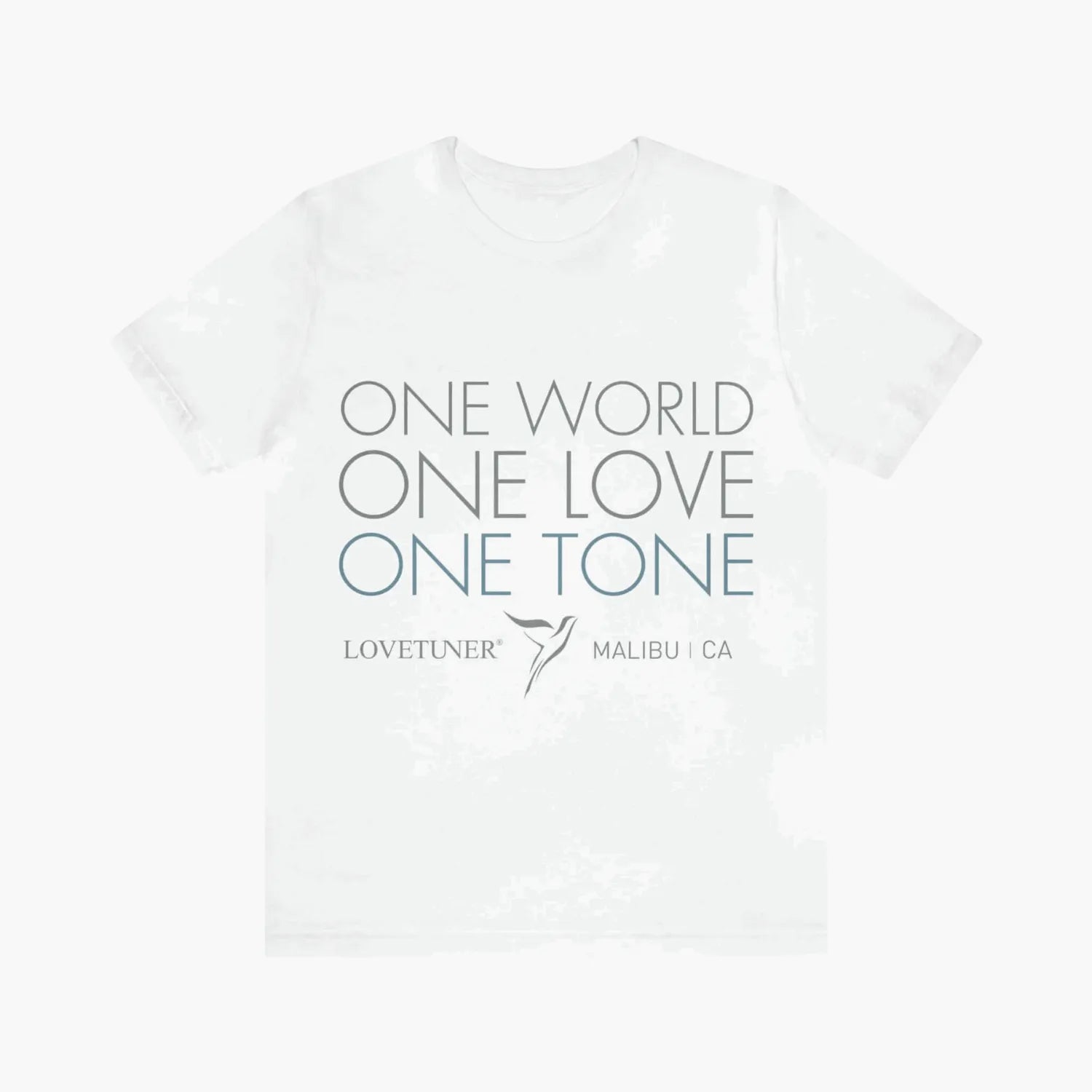 White t-shirt with 'One World One Love One Tone' text and Lovetuner logo on a white background
