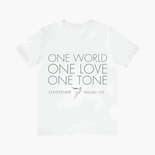 White t-shirt with 'One World One Love One Tone' text and Lovetuner logo on a white background