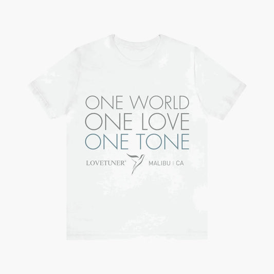 White t-shirt with 'One World One Love One Tone' text and Lovetuner logo on a white background