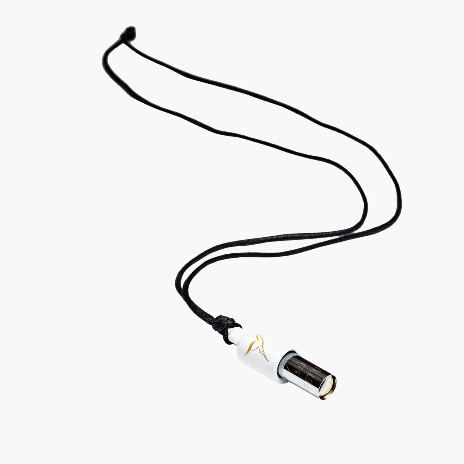Necklace with a white cylindrical pendant Lovetuner whistle with a waxed cotton necklace on a white background