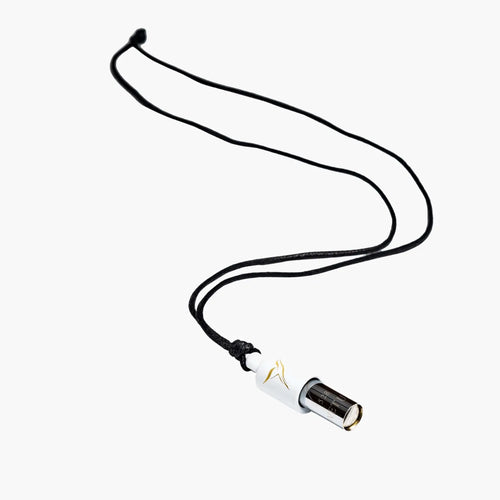 Necklace with a white cylindrical pendant Lovetuner whistle with a waxed cotton necklace on a white background