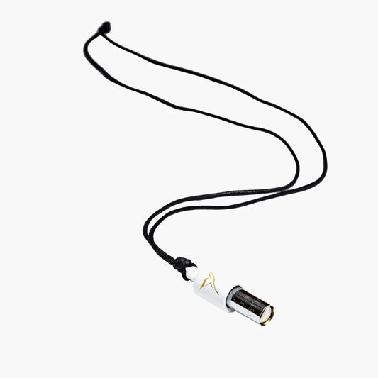 Necklace with a white cylindrical pendant Lovetuner whistle with a waxed cotton necklace on a white background
