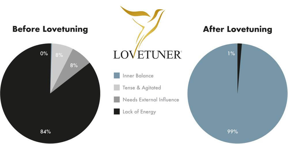 BESA test results: before Lovetuning — 84% lack of energy, 8% tense and agitated, 8% needs external influence; after Lovetuning — 99% inner balance