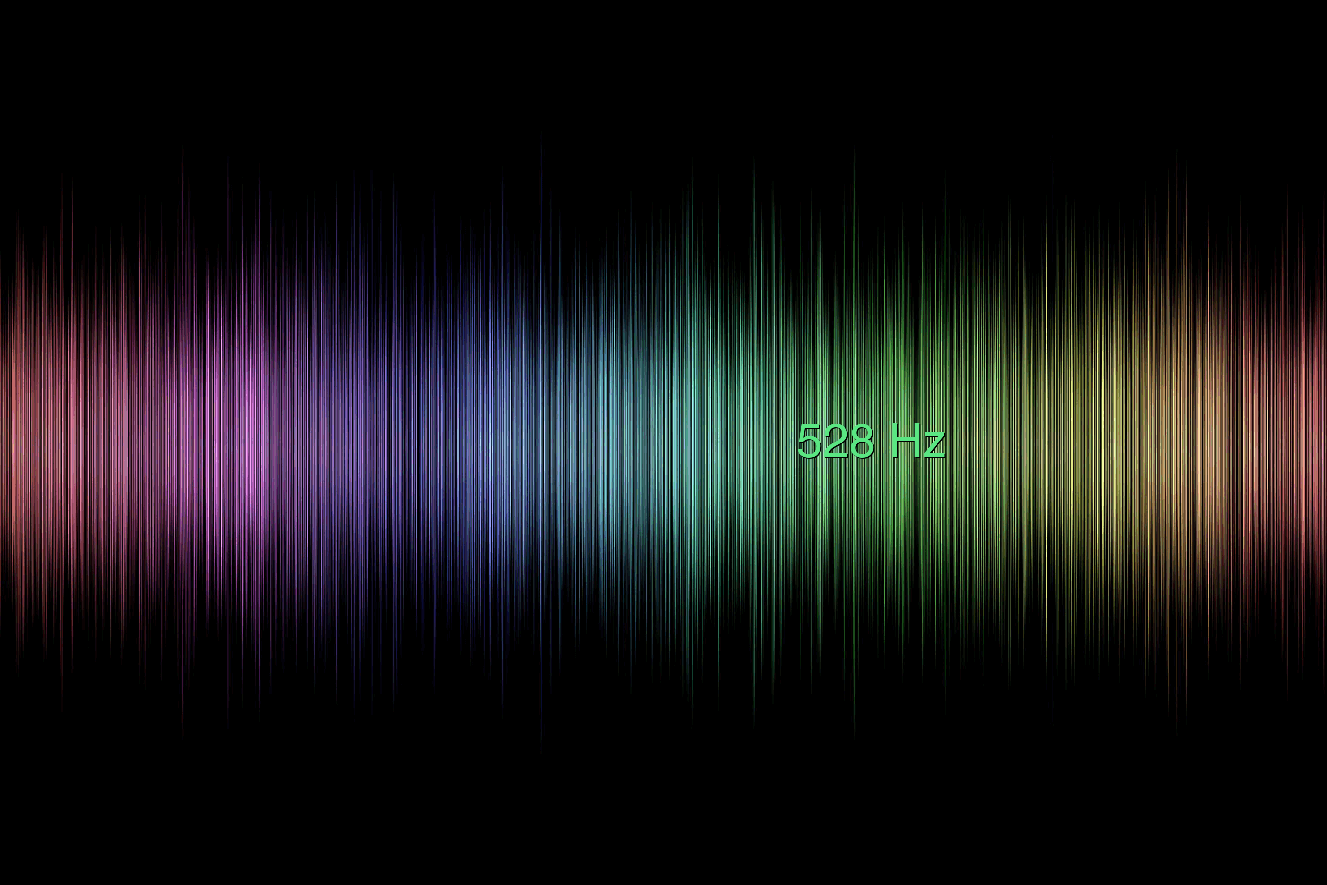 Frequency spectrum visualization with 528 Hz labelled at the green band